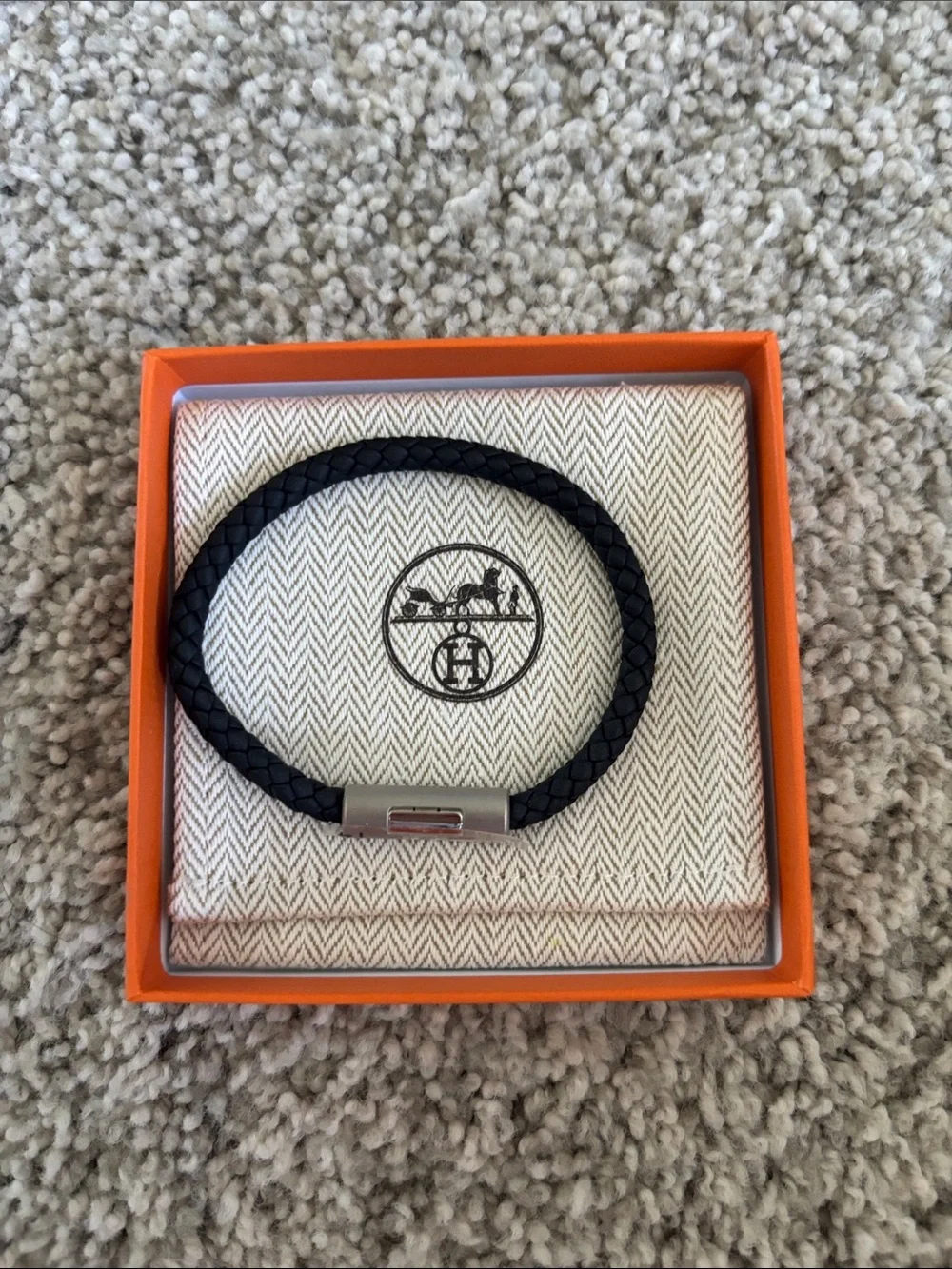 Hermes Black Braided Leather Bracelet with Silver-Tone Clasp